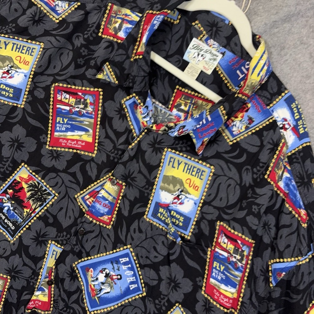 Big Dogs Hawaiian Shirt Mens 5X Black Stamps & Dogs Lightweight Pocket VTG